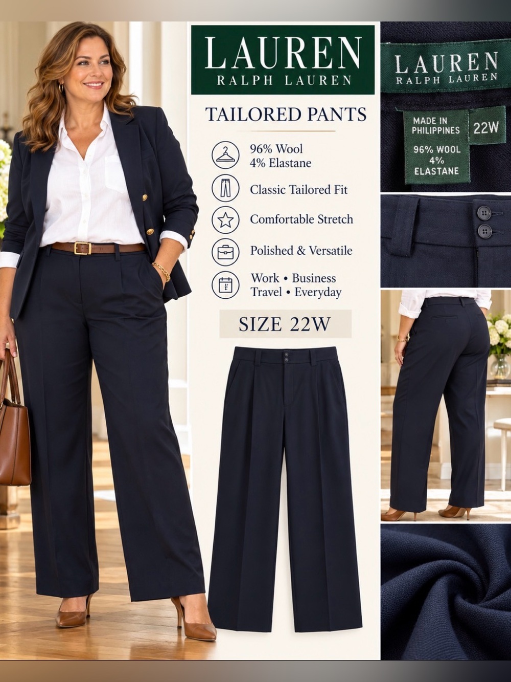 Women’s dark navy wool stretch trousers size 22